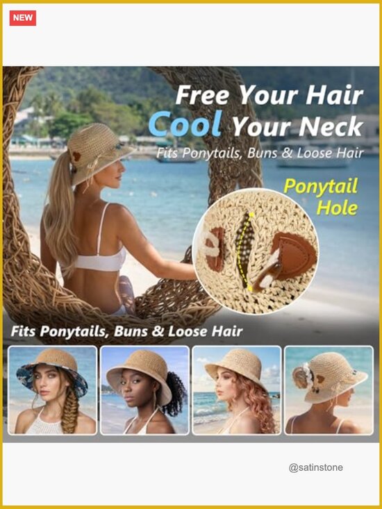 UPF80+ Floppy Wide Brim Straw Sun Hat with Cooling Sweatband & Ponytail Opening